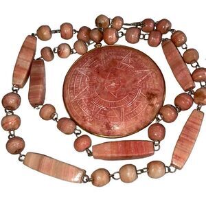 Vintage Pink Alabaster Natural Gemstone Necklace Mayan Sun Calendar Hand Carved